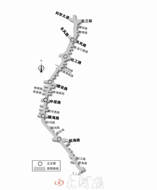 截至目前，僅剩西三環(huán)跨長(zhǎng)江路、丹青路高架橋金水河處一座箱梁尚未澆筑。