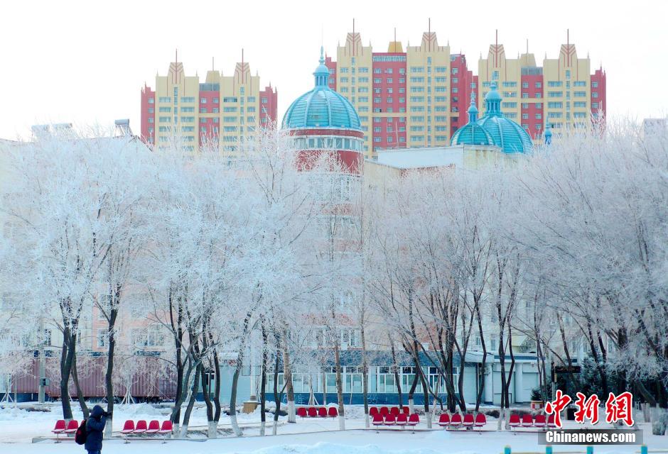 12月10日,受降溫天氣影響,黑河市黑龍江江畔出現(xiàn)綿延數(shù)公里的霧凇景觀。