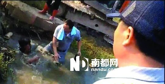 男子沒入水塘后試圖反抗，遭戴黑帽男子毆打。視頻截圖