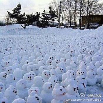 網(wǎng)傳“煙臺男子大學(xué)生堆1314個雪人表白”。微博圖