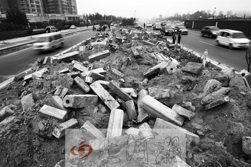中州大道部分路段，綠化帶成了垃圾場。