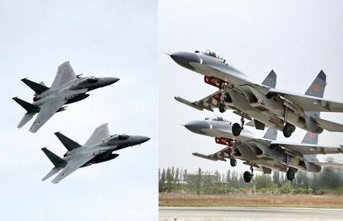 29日，中國空軍查證了進入東海防空識別區(qū)的美日軍機，左圖為進入防空識別區(qū)的日本F-15戰(zhàn)機(資料圖)，右圖為當(dāng)天起飛的中國殲-11飛機(資料圖)。