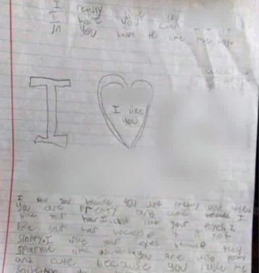 9歲男童給同伴女同學(xué)寫的情書(shū)。