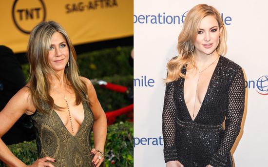 Jennifer Aniston & Kate Hudson出席重要場(chǎng)合也穿低胸裝。（圖片來(lái)源：臺(tái)灣東森新聞云）