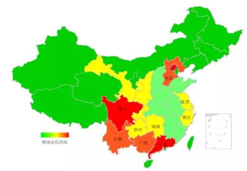 端午期間省域擁堵情況。來源：交通部聯(lián)合其他機(jī)構(gòu)發(fā)布的《2018年端午全國(guó)公路網(wǎng)出行預(yù)測(cè)報(bào)告》。