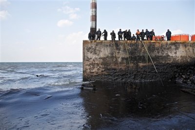 昨日，山東青島，清污人員正在海邊清理油污。