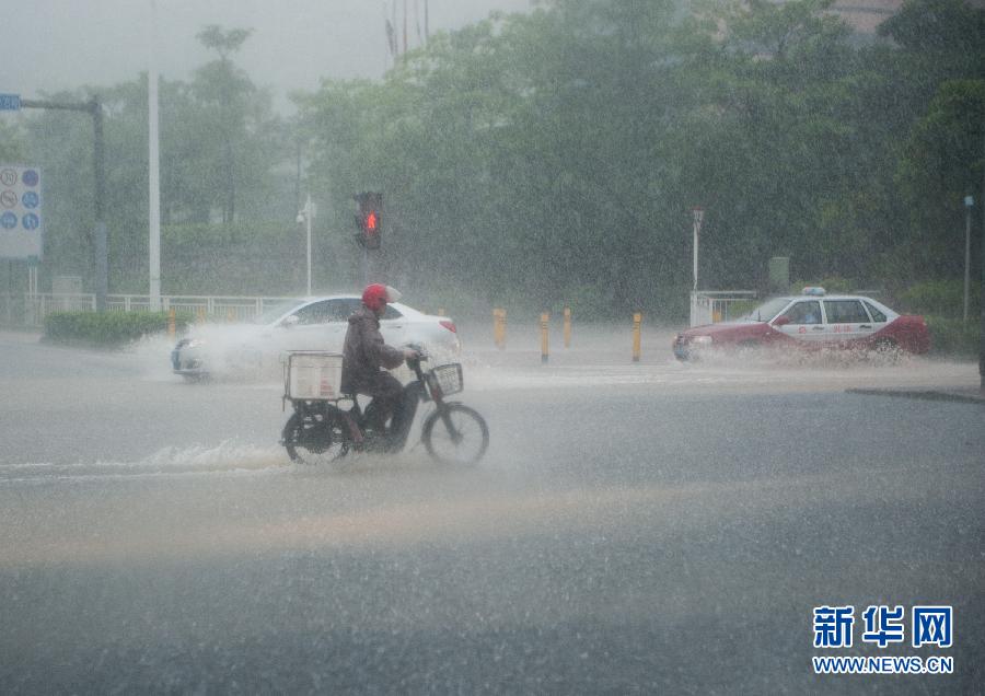 5月11日，車輛在深圳西麗留仙大道涉水前行。