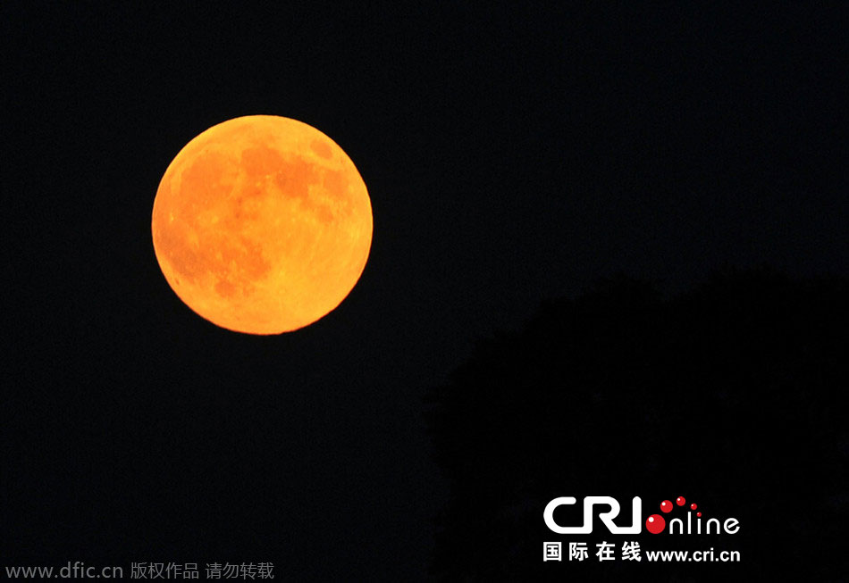 8月10日晚，一輪金燦燦的大月亮在遼寧省大連市東方升起。圖片來源：劉德斌/東方IC