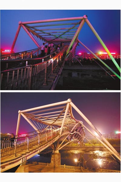 花園路西側(cè)東風(fēng)渠景觀橋，上圖攝于7月31日晚間，下圖攝于10月9日晚間。