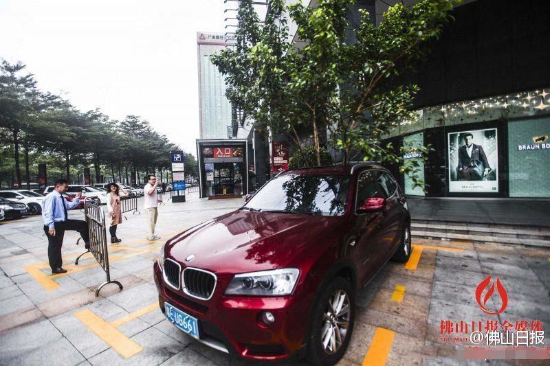 一輛停在停車位上的寶馬轎車，被墜落的樹枝砸中，樹枝徑直插入車內(nèi)，現(xiàn)場引發(fā)不少市民圍觀拍照。
