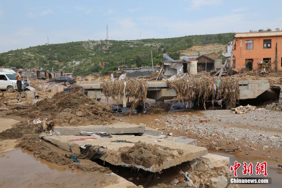 圖為洪水過(guò)后，坍塌的橋梁上遺落大量雜草。