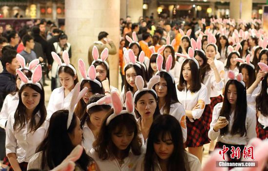 11月11日晚，一百位統(tǒng)一打扮的“兔女郎”現(xiàn)身南京新街口，逛街看電影玩快閃，走到哪里都被圍觀。